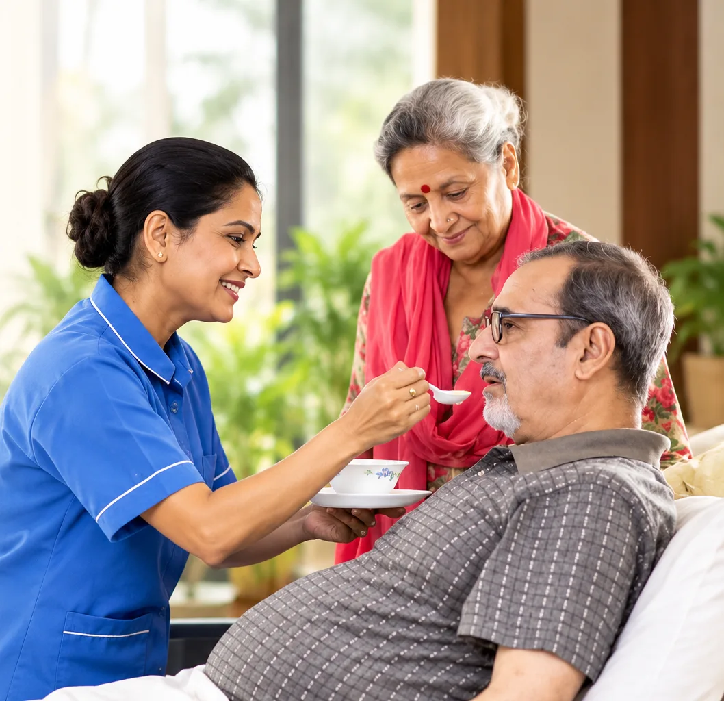 Nurse feeding and caring for an elderly patient at home