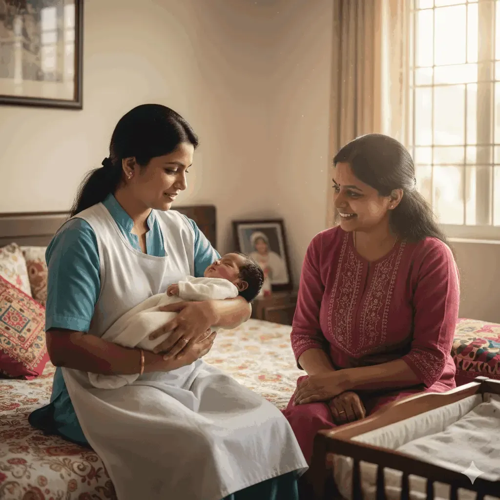 Caretaker gently holding a newborn baby beside the mother
